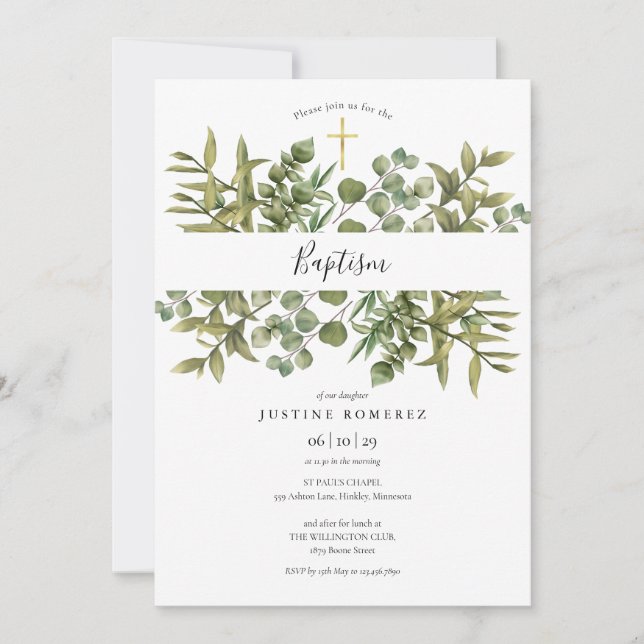Invitación Eucalipto Bosque Verde Bautizo (Anverso)