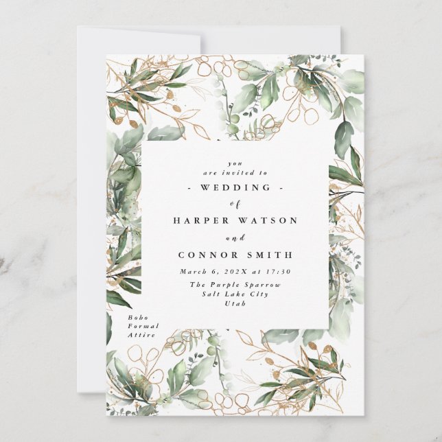 Invitación Eucalipto Botánico de Oro Elegante Verdor Caída (Anverso)