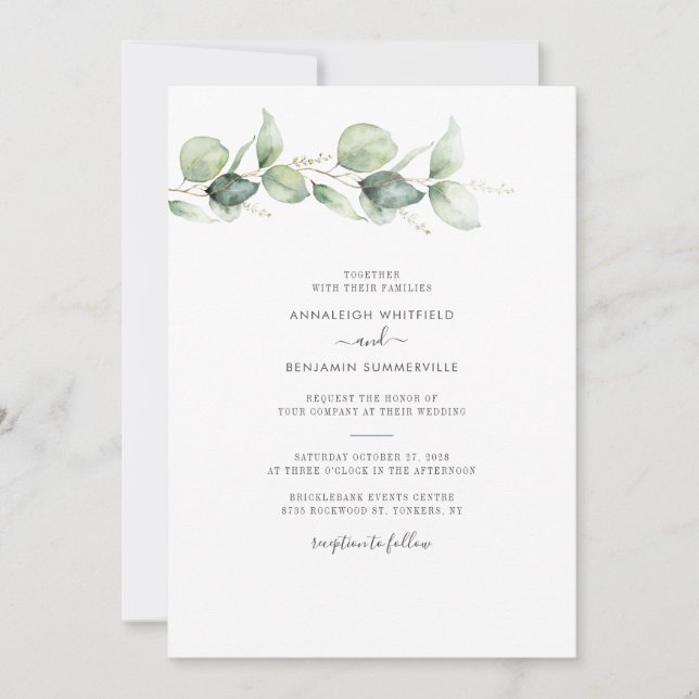 Invitación Eucalipto botánico deja Boda de la vegetación (Anverso)