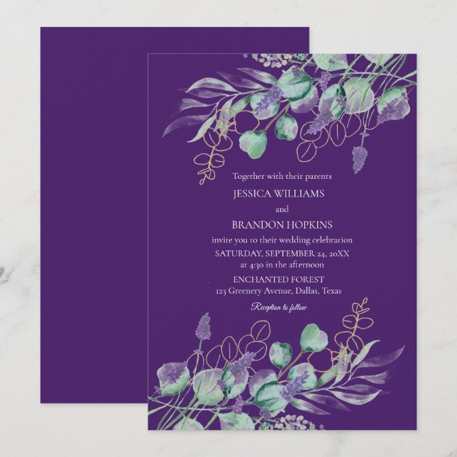 Invitación Eucalipto botánico Lavender Boda púrpura (Anverso / Reverso)