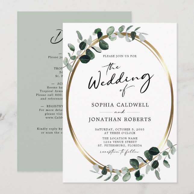 Invitación Eucalipto Caligrafía Todo en Uno Código QR Boda (Anverso / Reverso)