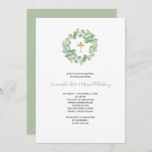 Invitación Eucalipto color agua y bautismo cruzado de oro