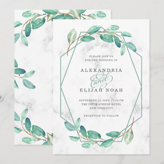 Invitación Eucalipto color de agua verde y mármol | Boda (Anverso / Reverso)