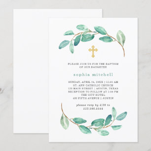 Invitación Eucalipto color de agua y cruz de oro   Bautismo