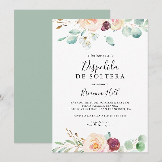Invitación Eucalipto contemporáneo Ducha de Novias Española (Anverso / Reverso)