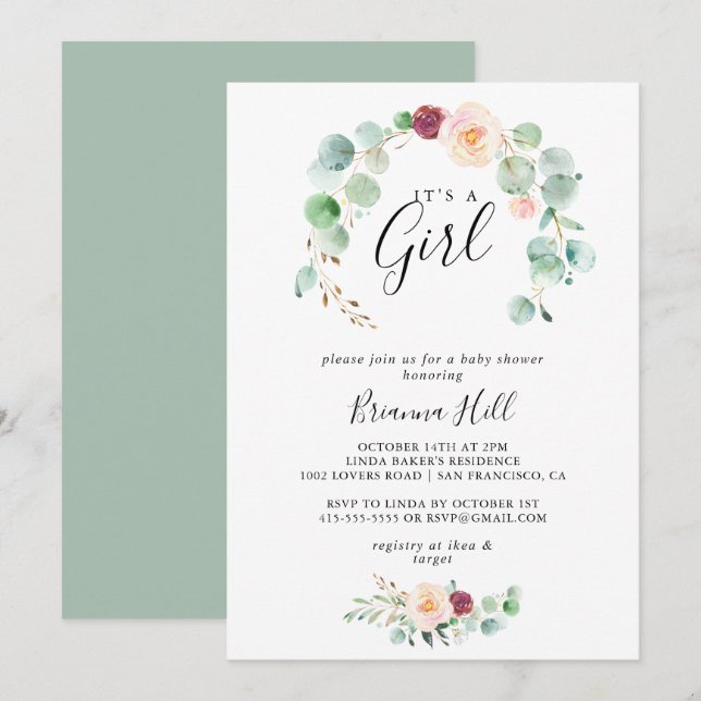 Invitación Eucalipto contemporáneo es un Baby Shower Chica (Anverso / Reverso)