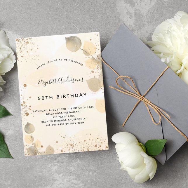 Invitación Eucalipto cumpleaños purpurina follaje otoño dorad (Subido por el creador)