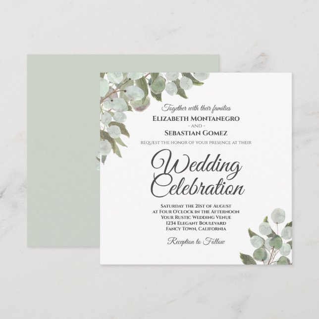 Invitación Eucalipto de color de agua rústico Boda elegante (Anverso / Reverso)