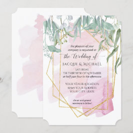 Invitación Eucalipto de color geométrico moderno rosado de Ru