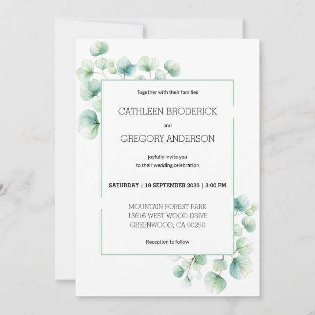Invitación Eucalipto de color verde suave deja Boda (Anverso)