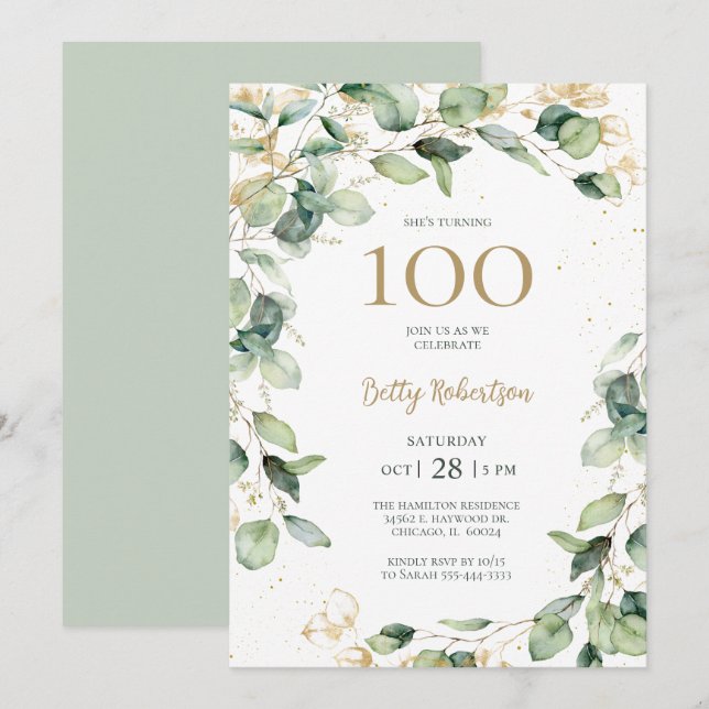 Invitación Eucalipto de cumpleaños número 100 (Anverso / Reverso)