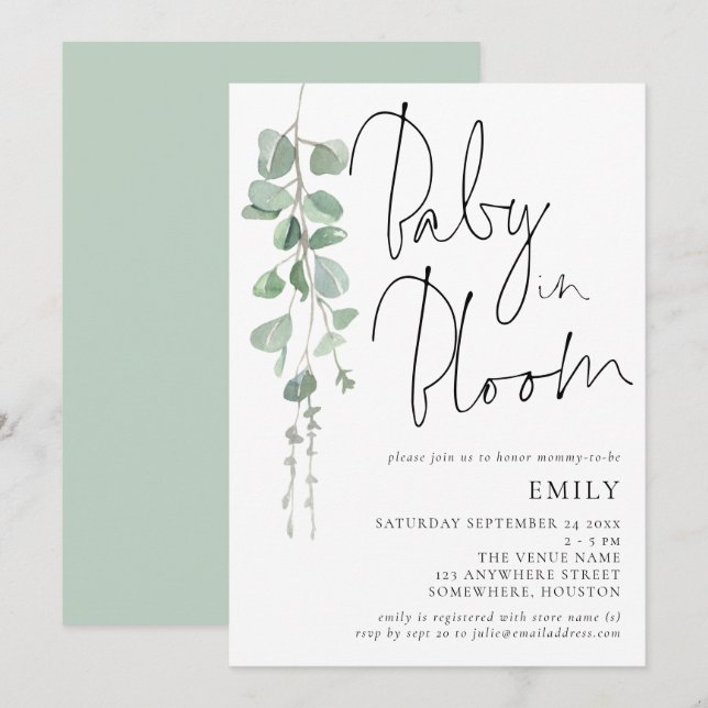 Invitación Eucalipto de escritura moderna bebe en ducha de fl (Anverso / Reverso)