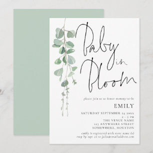 Invitación Eucalipto de escritura moderna bebe en ducha de fl