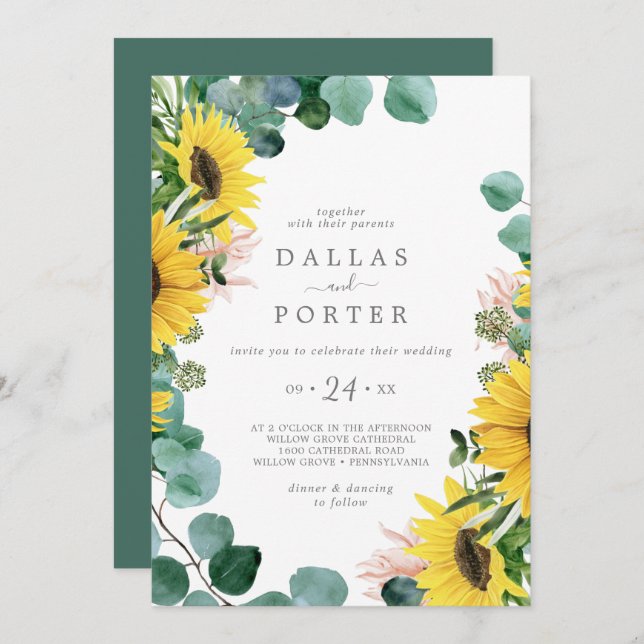 Invitación Eucalipto de girasol ruso Boda casual (Anverso / Reverso)