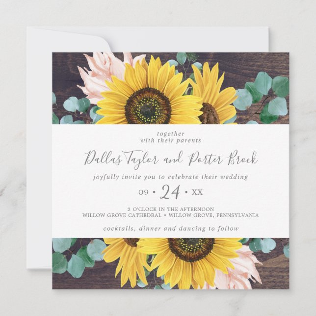 Invitación Eucalipto de girasol ruso | Boda de Wood Square (Anverso)