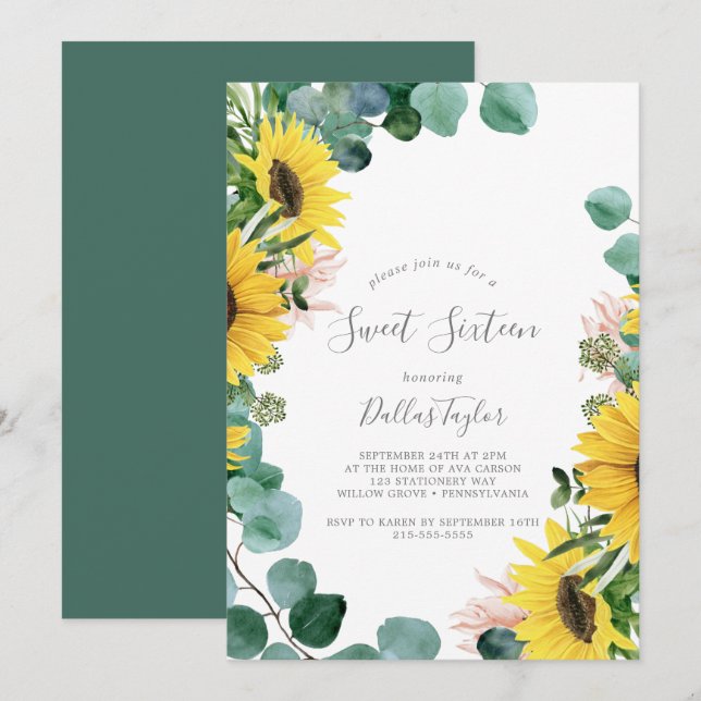 Invitación Eucalipto de girasol ruso dulce Dieciséis cumpleañ (Anverso / Reverso)