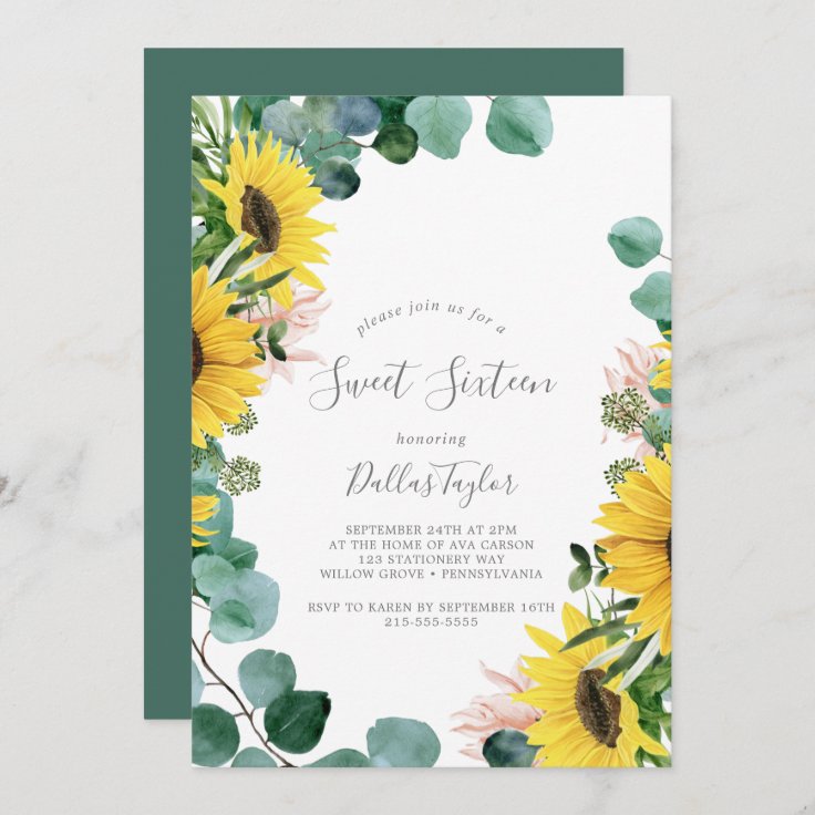 Invitación Eucalipto de girasol ruso dulce Dieciséis cumpleañ | Zazzle.es