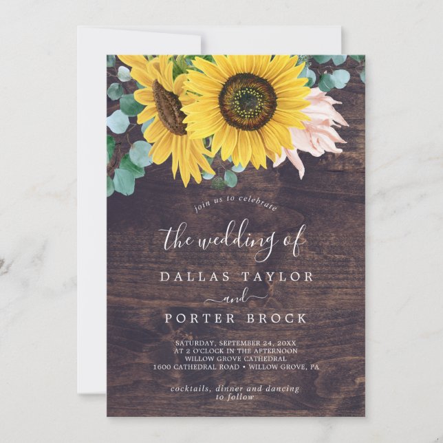 Invitación Eucalipto de girasol ruso | Madera El Boda de (Anverso)