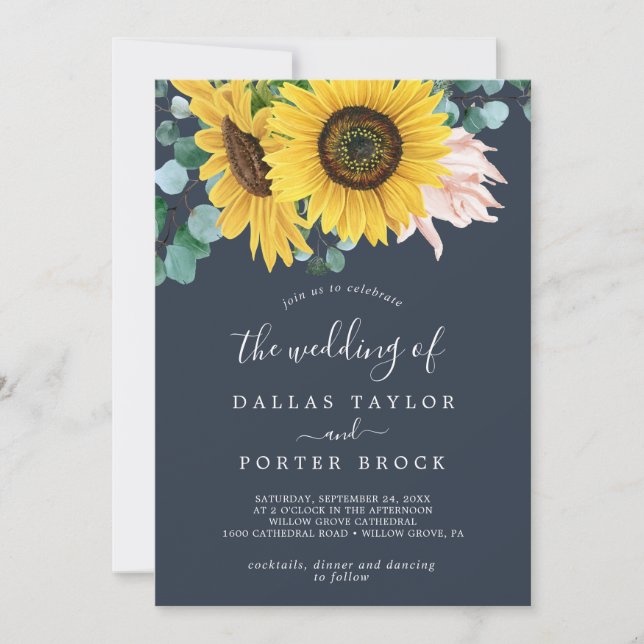 Invitación Eucalipto de girasol ruso | Naval El Boda de (Anverso)
