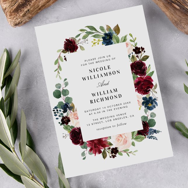 Invitación eucalipto de la marina burdeos boda floral (Subido por el creador)