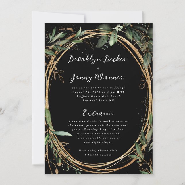 Invitación Eucalipto de oro negro premium Detalles del Boda p (Anverso)