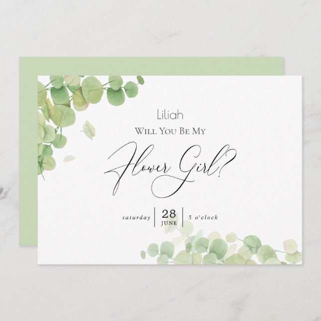 Invitación Eucalipto de primavera moderna sé mi chica flor (Anverso / Reverso)