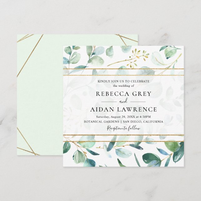 Invitación Eucalipto de verde con Boda de marco geométrico (Anverso / Reverso)