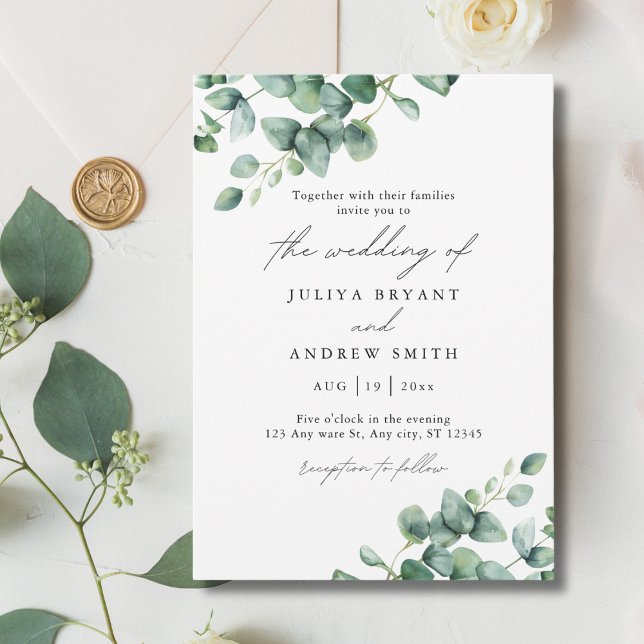 Invitación Eucalipto de verde en boda de escritura blanca (Subido por el creador)