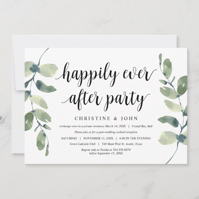 Invitación Eucalipto de verde, negro, Boda Elopement (Anverso)