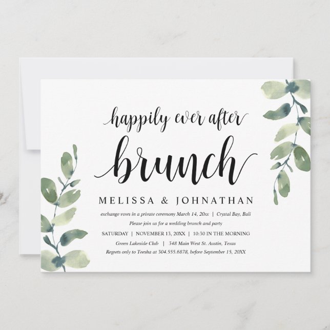 Invitación Eucalipto de Verdor, Brunch de Boda Elopement (Anverso)