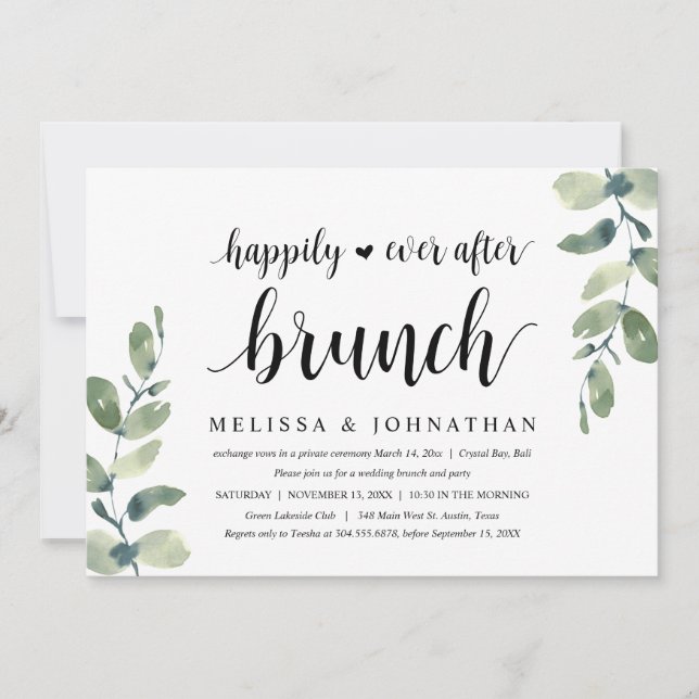 Invitación Eucalipto de Verdor, Brunch de Boda Elopement (Anverso)