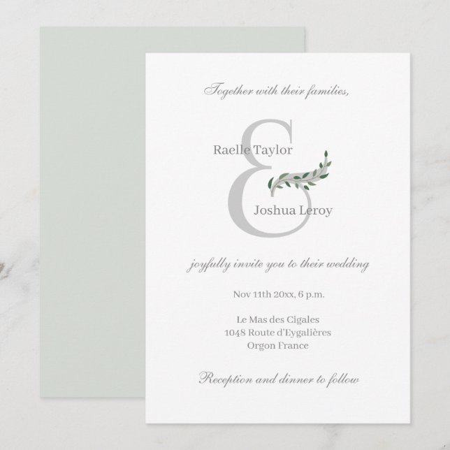 Invitación Eucalipto deja a Ampersand y a Boda gris blanco (Anverso / Reverso)