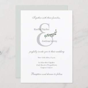 Invitación Eucalipto deja a Ampersand y a Boda gris blanco