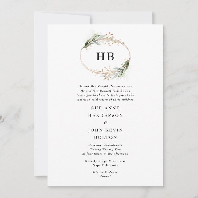 Invitación Eucalipto Dorado Botánico Wreath Monograma Verde (Anverso)