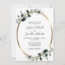 Invitación Eucalipto Dorado Metálico Todo en Uno Boda