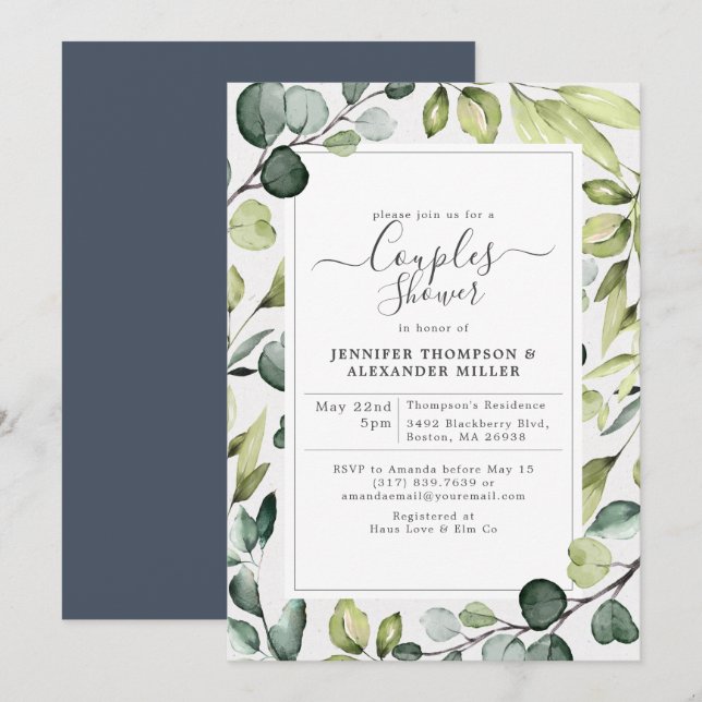 Invitación Eucalipto Elegante Con Ducha De Parejas De Verdor (Anverso / Reverso)