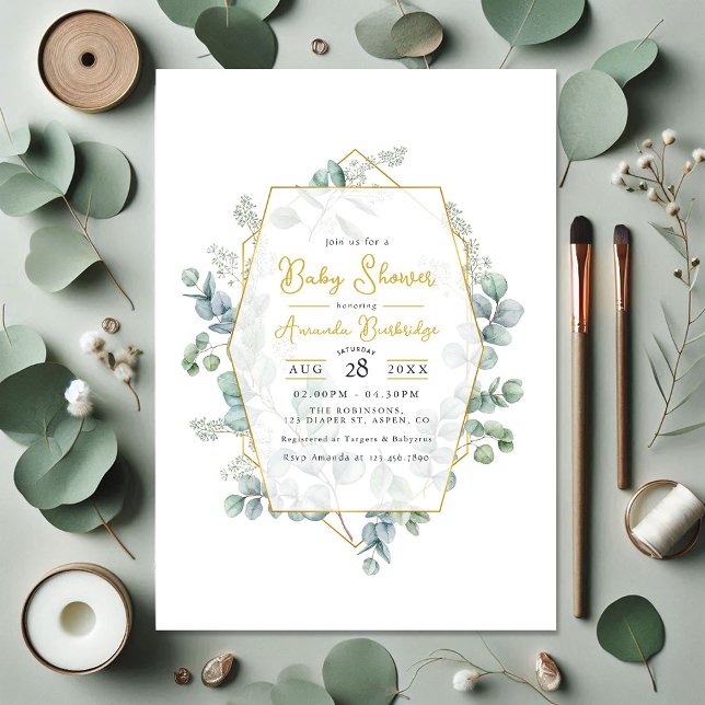 Invitación Eucalipto elegante y Baby Shower geométrico de oro (Elegant Eucalyptus and Gold Geometric Baby Shower Invitation)