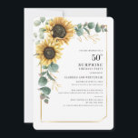 Invitación Eucalipto Fiesta de Cumpleaños 50 de Sunflower Sim<br><div class="desc">Eucalyptus Sunflower Floral Script 50th Birthday Invitation puede personalizar fácilmente con los detalles de su fiesta haciendo clic en el botón "Personalizar". Con flores y vegetación amarillo brillante suculento con un marco geométrico de Relieve metalizado dorado y tipografía moderna</div>