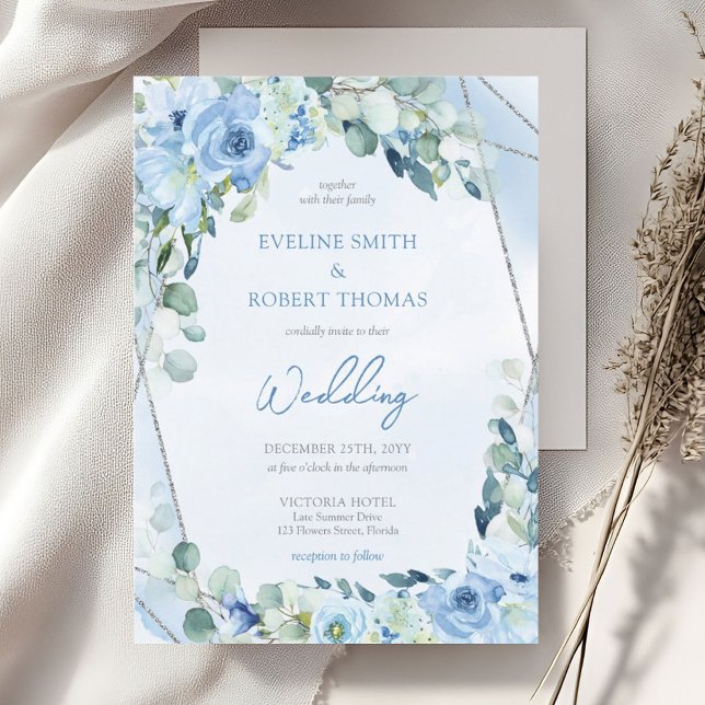 Invitación Eucalipto floral azul boho y boda plateado (Boho light blue flowers mixed fresh eucalyptus and silver glitter frame wedding invitation)
