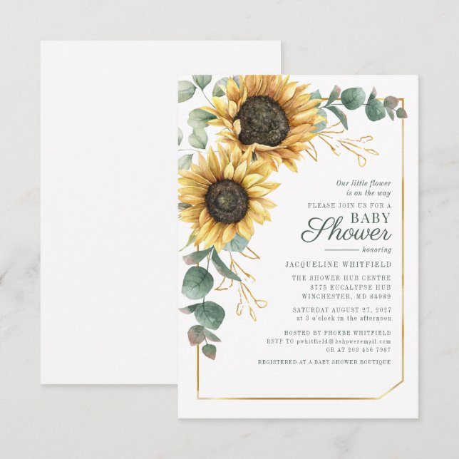 Invitación Eucalipto Floral de girasol Baby Shower botánico (Anverso / Reverso)