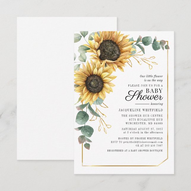 Invitación Eucalipto Floral de girasol Baby Shower botánico (Anverso / Reverso)