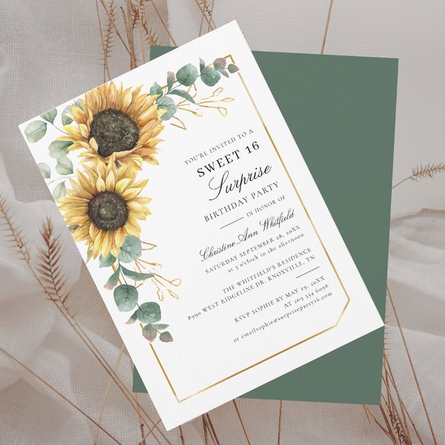 Invitación Eucalipto Floral de girasol dulce 16 cumpleaños (Sunflower Floral Eucalyptus 16th Birthday Party Surprise Sweet Sixteenth Invitation)