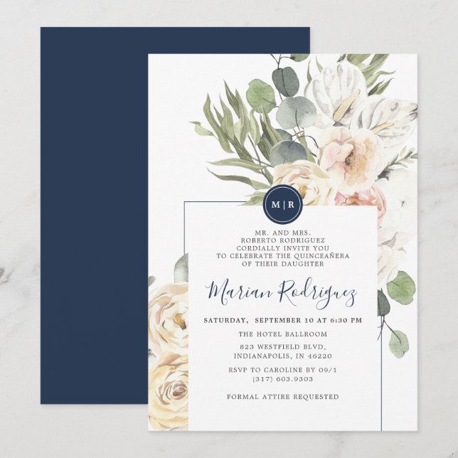 Invitación Eucalipto floral de la marina única Monograma Quin (Anverso / Reverso)