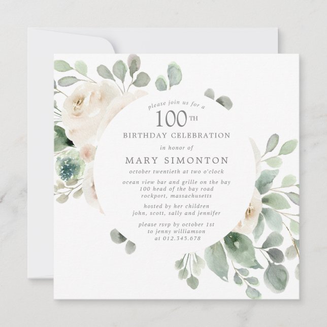 Invitación Eucalipto Floral de Rosa Blanca 100 cumpleaños (Anverso)
