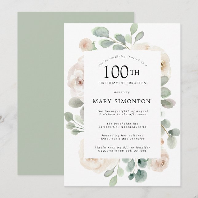 Invitación Eucalipto Floral de Rosa Blanca 100 cumpleaños (Anverso / Reverso)