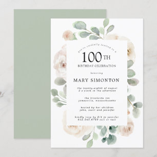 Invitación Eucalipto Floral de Rosa Blanca 100 cumpleaños