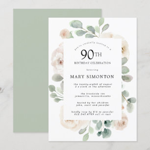 Invitación Eucalipto Floral de Rosa Blanca 90 cumpleaños