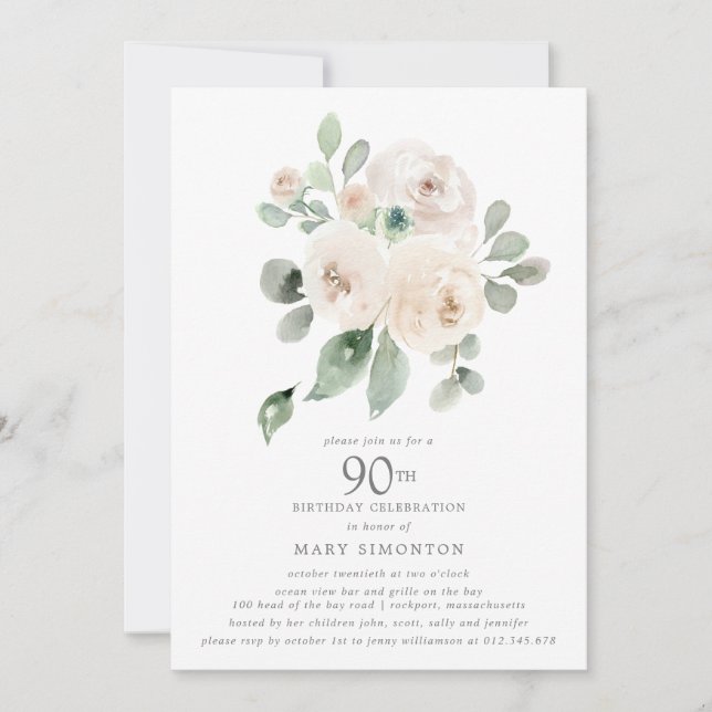 Invitación Eucalipto Floral de Rosa Blanca 90 cumpleaños (Anverso)