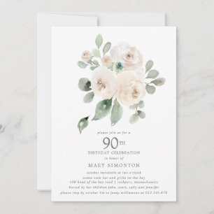 Invitación Eucalipto Floral de Rosa Blanca 90 cumpleaños