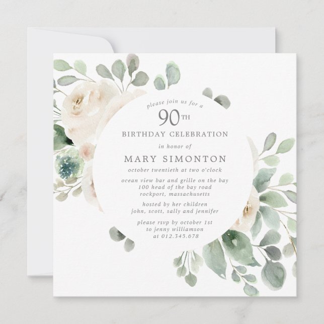 Invitación Eucalipto Floral de Rosa Blanca 90 cumpleaños (Anverso)